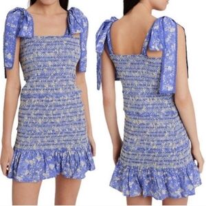 Loveshackfancy Smocked Floral Tie-Shoulder Mini Dress in Periwinkle Blue
